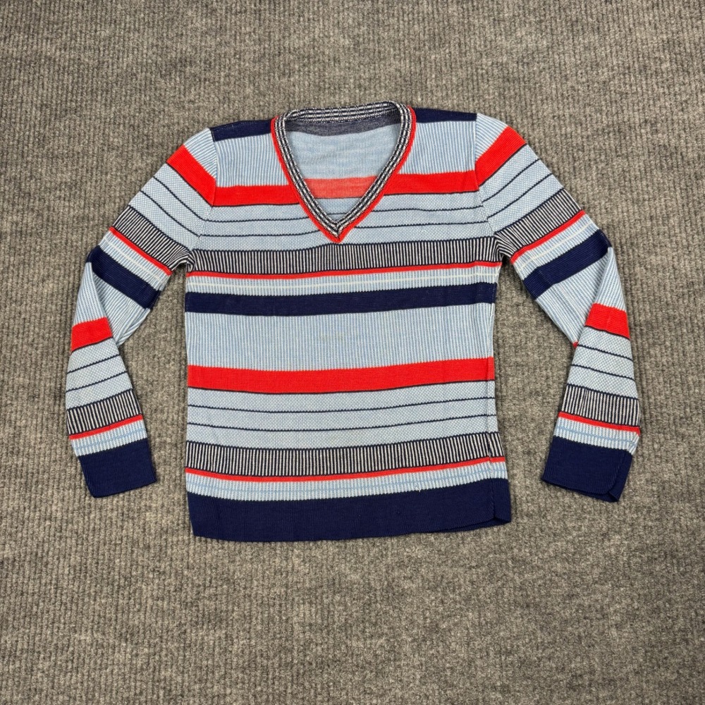 Vtg 70s 80s Sweater Womens S Striped V Neck Knit Pullover Mod Retro Preppy Sport